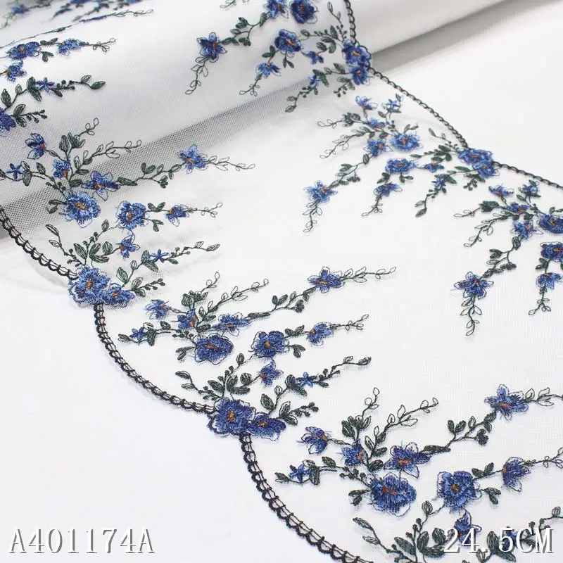 Best sale white embroidery fabric 25cm wide broderie anglaise 3d blue flower lace fabric