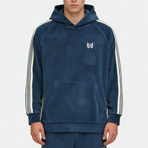 Felpa con Cappuccio Oversize da <span class=keywords><strong>Uomo</strong></span> Ricamata 100% Cotone Alla Moda Blu con Maniche <span class=keywords><strong>a</strong></span> Righe in <span class=keywords><strong>Velluto</strong></span> Comoda Casual Invernale - Product Image 2