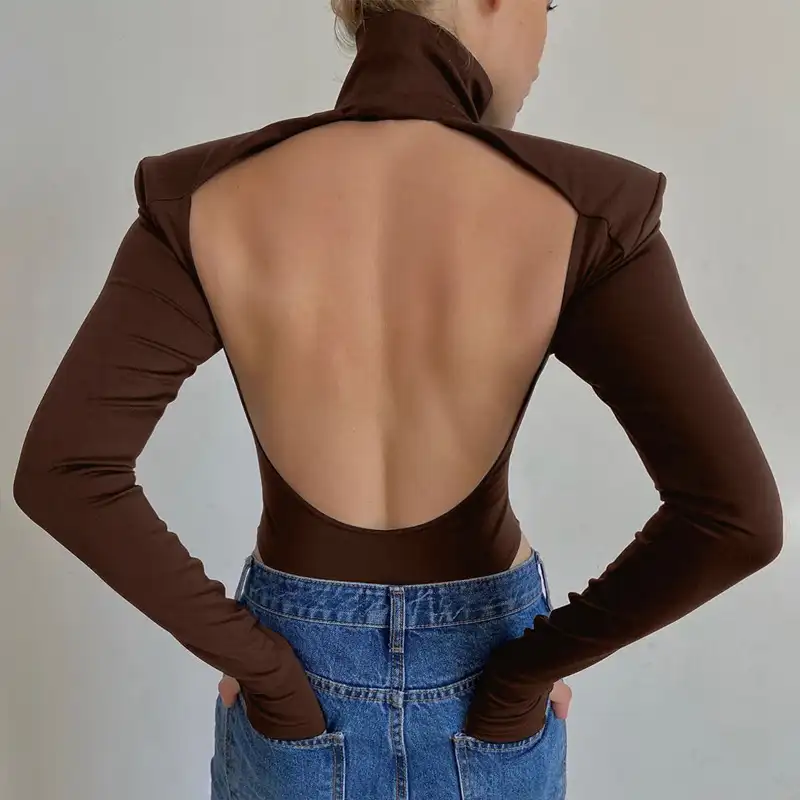 Adult Solid Color Sexy Backless Bodysuits For Ladies Long Sleeve Tops Women Casual O-Neck Body Suits Rompers With Shoulder Pad