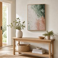 Peinture abstraite texturée verte et rose sur toile encadrée, grande décoration murale nordique moderne pour salon, cadeau pour la maison