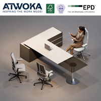 Ensemble de bureau de direction en forme de U ATWOKA blanc avec extension de réunion en verre carré, meuble de rangement et prise multimédia