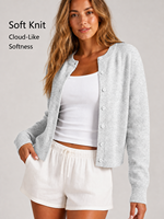 Damen Strickjacke mit Rundhalsausschnitt, Knopfleiste und langen Ärmeln, geripptem Saum, niedliche kurze Oberbekleidung, OEM/ODM