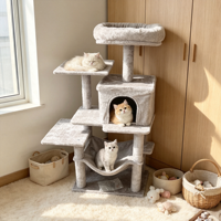 Arbre à chat de luxe avec condo et maisonnette pour chat d'intérieur, design bois beige, grand poteau à gratter, fabricant de meubles pour animaux de compagnie