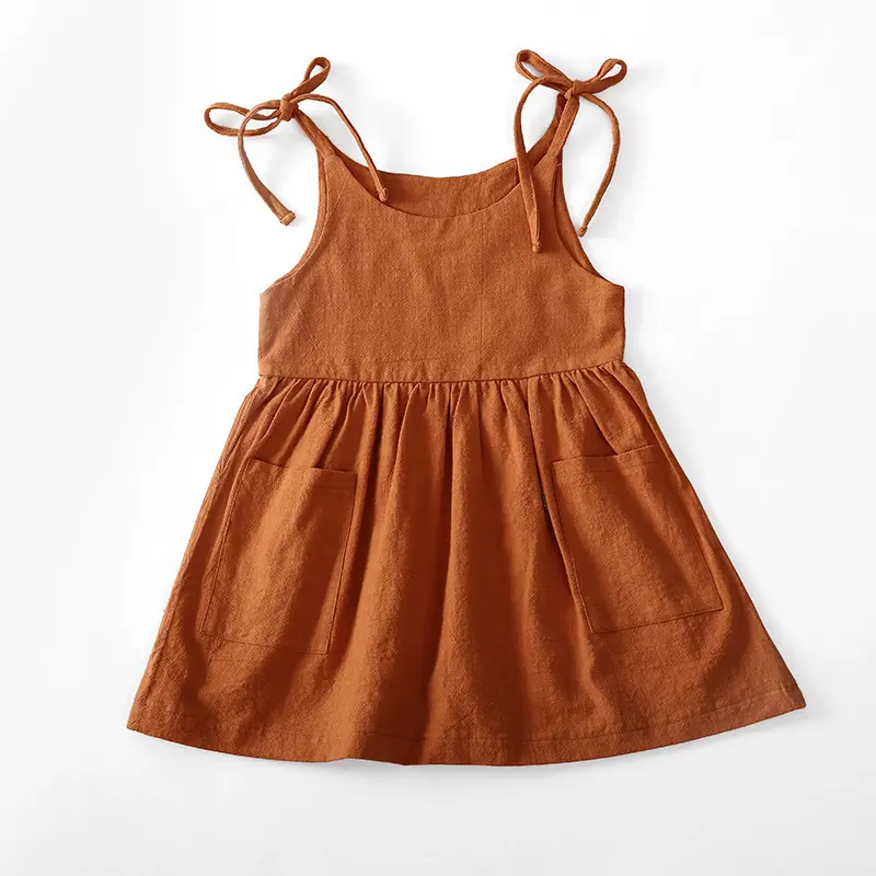 Kualitas Tinggi Harga Pabrik Gaun Bayi Indah Padat Pakaian Katun Linen Musim Panas Gaun Suspender Tanpa Lengan untuk Anak Perempuan