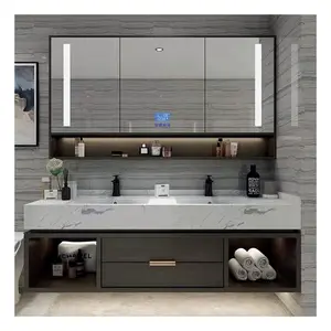 Armario de baño con panel de madera moderno, mueble de baño con espejo y lavabo, doble individual, estilo 2023, venta al por mayor