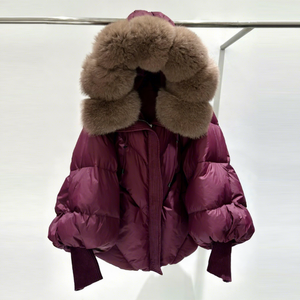 Nuovo Parka Invernale 2025 da <span class=keywords><strong>Donna</strong></span> con Cappuccio in Vera Pelliccia, Giacca Imbottita Calda con Maniche in Maglia, Imbottitura in Piuma d'Oca Bianca, Lunghezza Media - Product Image 5