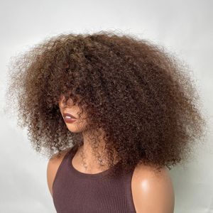 Perruque sans colle à franges bouclées afro crépues, couleur marron, densité 250 %, cheveux humains indiens Remy, effet volumineux – Fournisseur Populaire - Product Image 2