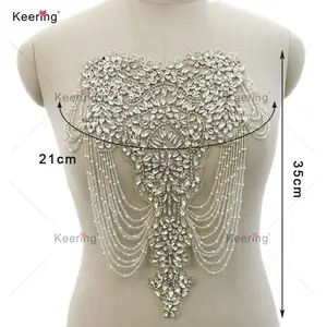 Terpenting Sisi Depan dan Sisi Belakang Renda Mutiara Batu Berlian Imitasi Applique Shoulder Bridal Bridesmaid Gaun WDP-330