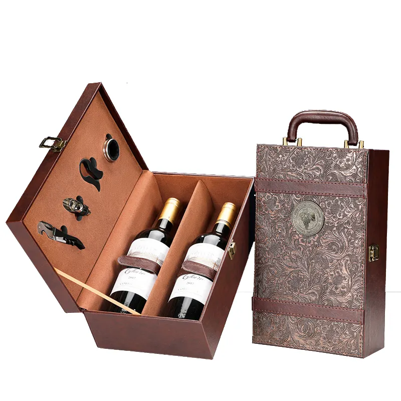 Scatola di vino di lusso all'ingrosso di alta qualità personalizzata di fascia alta scatola di vino rosso portatile scatola di legno due confezioni regalo in pelle