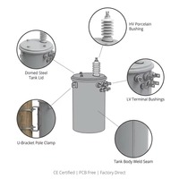 Transformateur monophasé immergé dans l'huile IEEE/ANSI/IEC 10 kVA 10 kV/0,22 kV avec réservoir d'huile rond pour l'électrification rurale