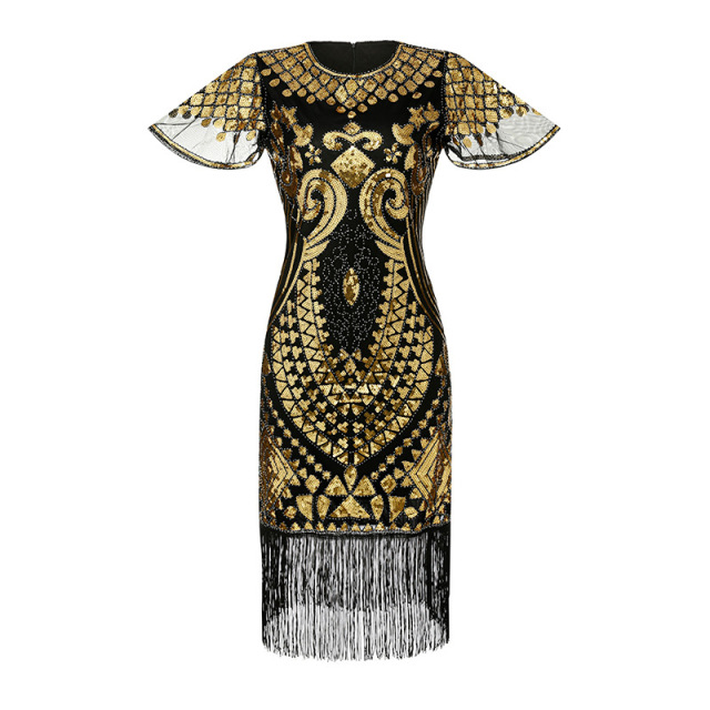 gold sequin 1920s dress Gold 1920s Gatsby Sequins Tassel Patchwork Dress main image 1
