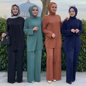 CYM148 atasan dan celana wanita Muslim kasual Abaya lipit lengan panjang Set Dubai Turki pakaian rumahan Solid tanpa jilbab