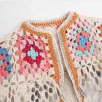 Cardigan en tricot pour femme, style bohème, crocheté à la main, motif géométrique coloré ajouré, col rond, manches longues, personnalisable, longueur midi