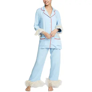 Struisvogelveren Trim Manchetten En Contrast Piping Mid-Gewicht Non-Stretch Weave Slaper Blauw Pyjama Set