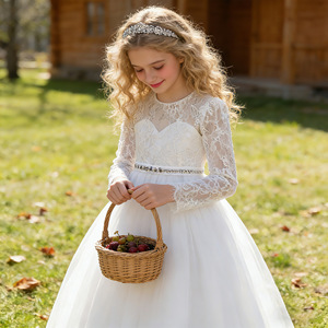 Robe de princesse tutu à manches longues en dentelle pour filles, col cœur, robe de bal, robe de demoiselle d'honneur blanche, tenue de spectacle - Product Image 1