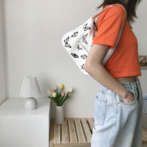 Borsa a Mano Primaverile da Donna con Stampa a Farfalla, Borsa Tote in Tela alla Moda, Borsa Sottobraccia con Cerniera a Mezzaluna in Tessuto di Cotone - Product Image 3