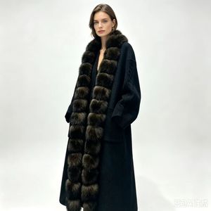 Cappotto <span class=keywords><strong>Trench</strong></span> Traspirante da <span class=keywords><strong>Donna</strong></span> con Collo in Vera Pelliccia di Volpe Rimovibile, Lussuoso Capospalla in Cashmere per l'Inverno, Disponibile in Vari Colori - Product Image 5