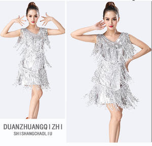 Vestido de baile latino sin mangas para mujer, traje con cuello de pico, lentejuelas brillantes, borlas, flecos, para salón, Samba, Tango - Product Image 6