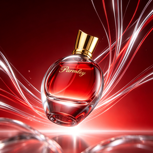 Flacon de parfum de luxe personnalisé de 75 ml en verre épais dégradé rouge avec pulvérisateur à brume fine et bouchon doré - Product Image 6