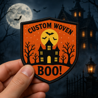 En gros, Patch tissé thermocollant Halloween, motifs Maison hantée, Chauve-souris, Boo, Lune, Bouclier, pour Chapeau, Veste, Cadeau