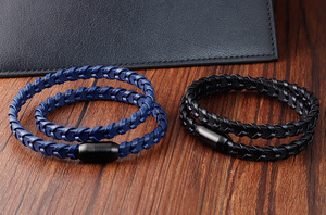 Black <b>Red</b> and Blue Cowhide <b>Bracelet</b> Men's Minimalist Braided Genuine Leather <b>Bracelet</b> Handmade Leather Wristband - Product Image 2