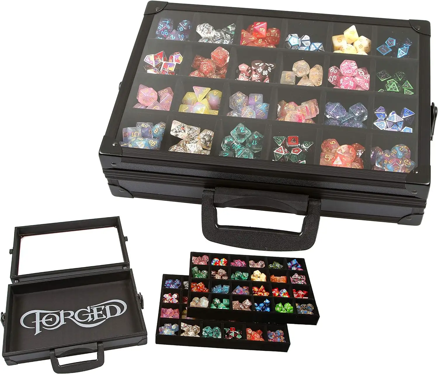 Dice display case with 2 removable divided dice trays holds up to 480 dice sets storage aluminum case with top clear window