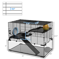 Cage pour petits animaux AromaNano 31 pouces, hamster, gerbille, construction en verre trempé solide et acier allié, roue d'exercice, rampes respirantes