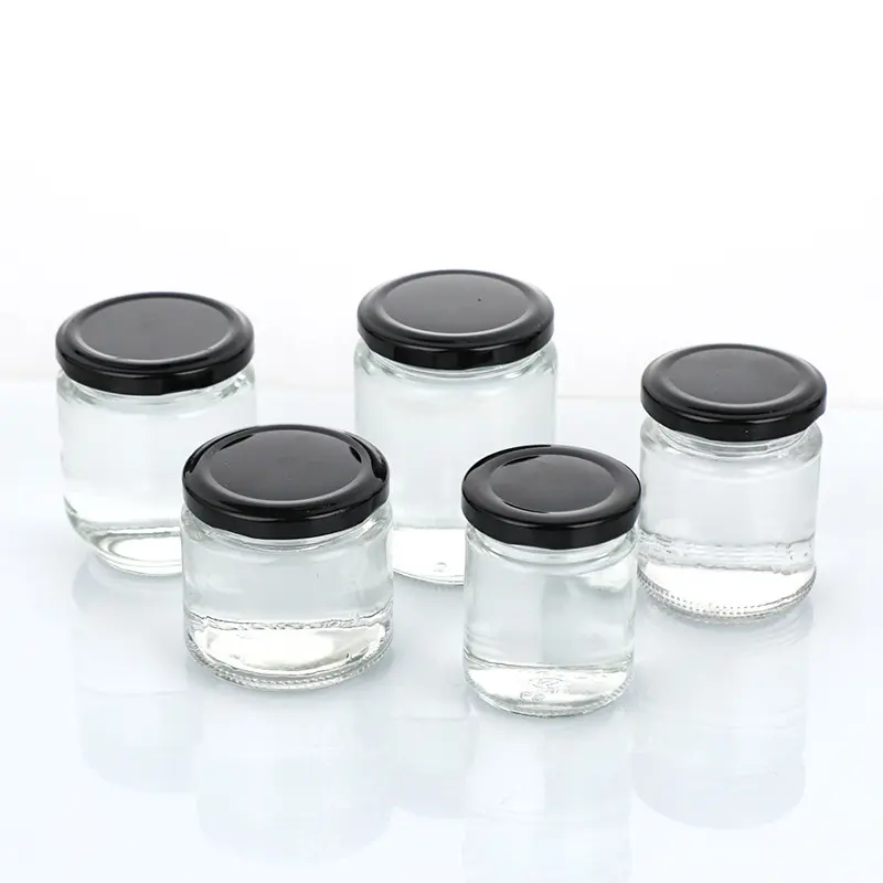 Lagerhaltung runde 150/240/350/500/1000 ml runde Saladdosen Pickelsoßen-Glas-Maison-Glasbehälter mit schwarzem Metalldeckel