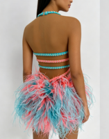 Costume de danse jazz à paillettes bleu pour filles, taille petite, deux pièces, pour spectacle, compétition, tenue de danseuse