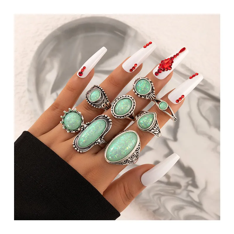 फैशन विंटेज ज्यामितीय दौर अंडाकार Moissanite अंगूठी गहने 8 टुकड़ा उंगली की अंगूठी महिलाओं के लिए