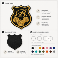 Écusson brodé personnalisé doré métallisé, motif bouclier, à thermocoller pour blazers, uniformes et marquage de vêtements