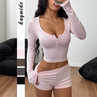 Ensemble deux pièces pour femmes, haut à manches longues avec col en V et short, pour la salle de sport, style sportif Y2K, tenue d'été pour l'entraînement quotidien