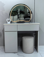 Ensemble de coiffeuse moderne en bois gris clair avec LED intelligentes, miroir, tiroirs de rangement et tabouret cylindrique pour chambre à coucher