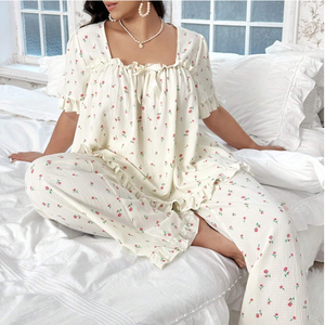<strong>Plus</strong> <strong>Size</strong> Women's Pajama Oversize Sleepwear Large Rose Printed Pajamas for Women <strong>Set</strong> Square Neckline &amp; Bow Tie <strong>Loungewear</strong> <strong>Set</strong> - Product Image 1