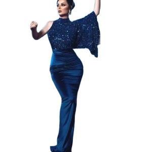 Robe de soirée asymétrique à sequins pour femme, col montant, longue, moulante, violette et bleue, en polyester, tenue de cérémonie - Product Image 5