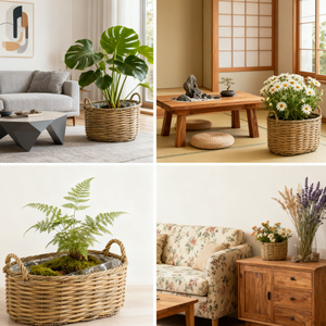 Vente en gros Panier rond en osier Jardinières Rotin tissé Maison Jardin doublé Pots de fleurs - Product Image 5