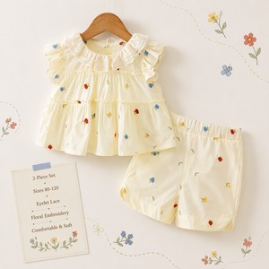 Adorable ensemble 2 pièces pour petites filles, sans manches, col Peter Pan, dentelle à œillets, haut brodé floral, short, ensemble pour tout-petits - Product Image 1