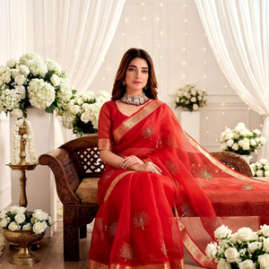 <b>Red</b> Cotton <b>Saree</b> Gold Embroidery Traditional Wedding Wear for Women India Pakistan Style Floor-Length Regular Fit Sun Protection - Product Image 1