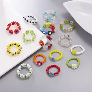 2024 Ins Hot Style Cheap Summer Colorful Braided Flower Ring Handmade Beaded Ring