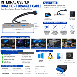 สายต่อขยาย USB 3.0 แบบ Dual Port ตัวเมีย พร้อมแผงยึดแบบสกรู 20 พิน สำหรับเมนบอร์ด รองรับการชาร์จเร็ว 3A พร้อมสายถักป้องกันสัญญาณ สำหรับคอมพิวเตอร์ - Product Image 3