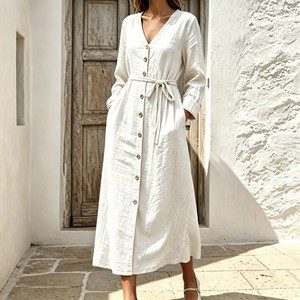 Vestido Midi de Lino para Mujer con Cuello en V y Botones al Frente, Manga 3/4 Enrollable, Cintura con Lazo, Bolsillos Laterales, Estilo Casual para Vacaciones, OEM Personalizado - Product Image 2