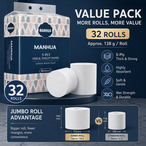 Papier toilette Manhua OEM ODM, 32 rouleaux, 5 plis, pâte de bois vierge, 138g, 145mm, jetable, absorbant, doux, écologique - Product Image 2