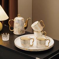 Service à thé en céramique haut de gamme de luxe avec bordure dorée - Coffret cadeau de déménagement portable comprenant des tasses à thé, une théière et une carafe à eau
