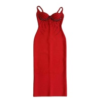 Robe de soirée élégante pour femme, rouge, longue, à bretelles spaghetti, ornée de cristaux et de perles, vente en gros, T1360