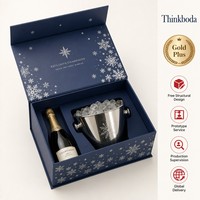 Boîte cadeau personnalisée pour champagne avec seau à glace, boîte rigide bleu royal profond avec feuille d'aluminium argentée, emballage pour fête et célébration