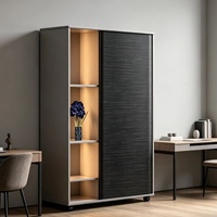 Armoire de bureau avec porte coulissante, armoire de rangement en panneaux de particules E1, étagère ouverte à 3 niveaux, noir brossé, éclairage LED