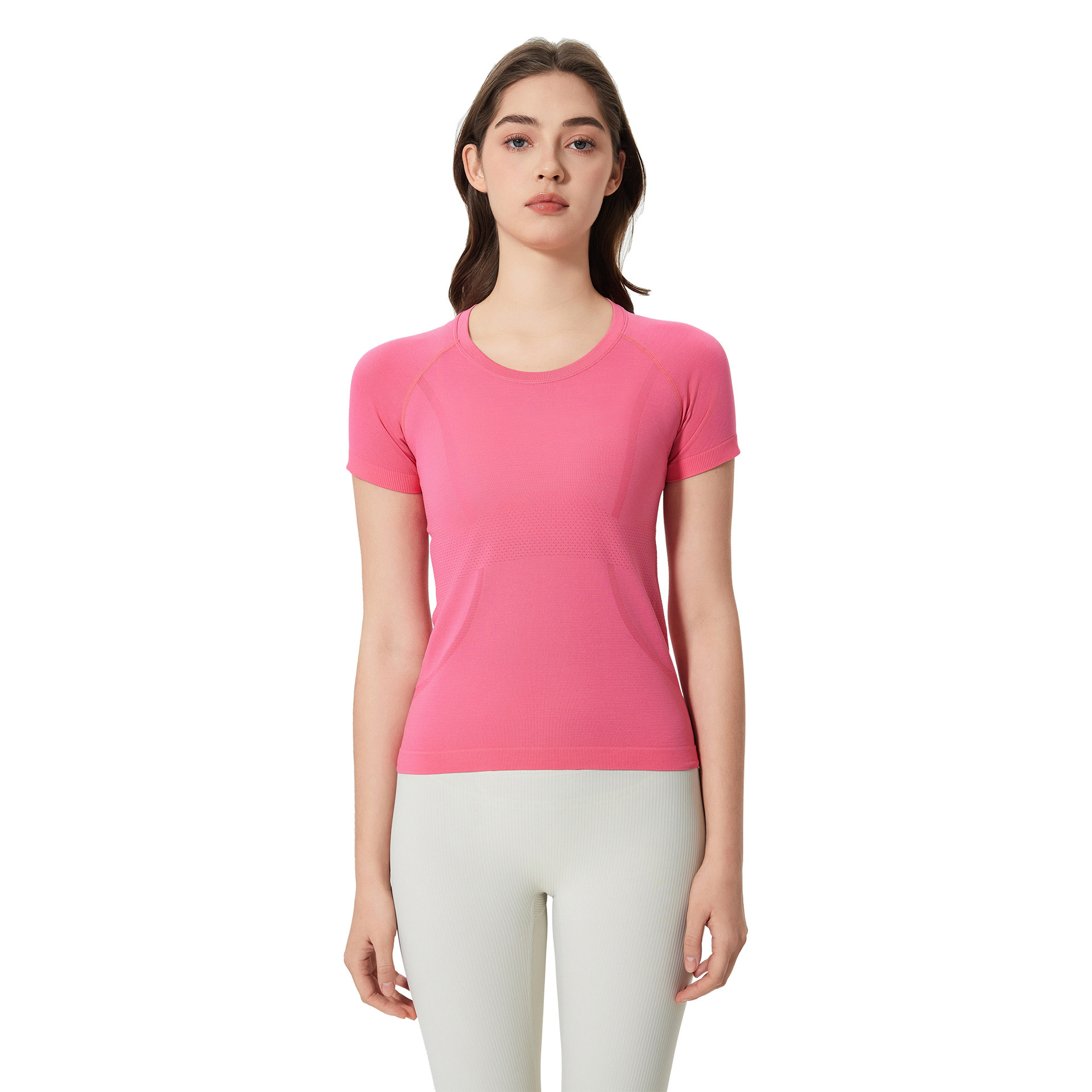 Summer Seamless Integrated Woven Round Neck Lulu Yoga T-shirt Slim-fit Quick Drying Breathable Running Lulu Short Sleeve