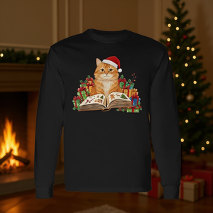 T-shirt à manches longues pour les amoureux des chats, avec chat orange, livre de lecture de Noël, chapeau de Père Noël, Noël - Product Image 3