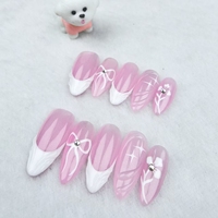 Uñas artificiales; forma de uña de almendra color base Rosa; lazo pintado a mano; fábrica de alta calidad al por mayor.