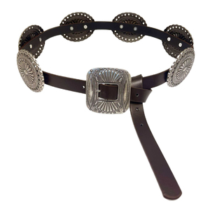 Sabuk Pinggang Wanita PU dengan Hiasan Concho Perak Antik Bermotif Bunga, Gesper Persegi dari Paduan Logam, Sabuk Retro Boho untuk Gaya Kasual Barat - Product Image 6